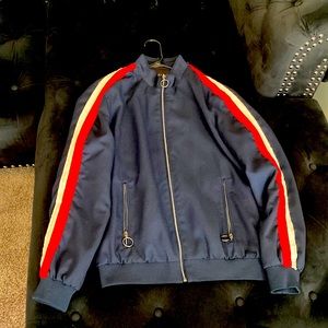 Zara zip up jacket stripped red and white sleeves.